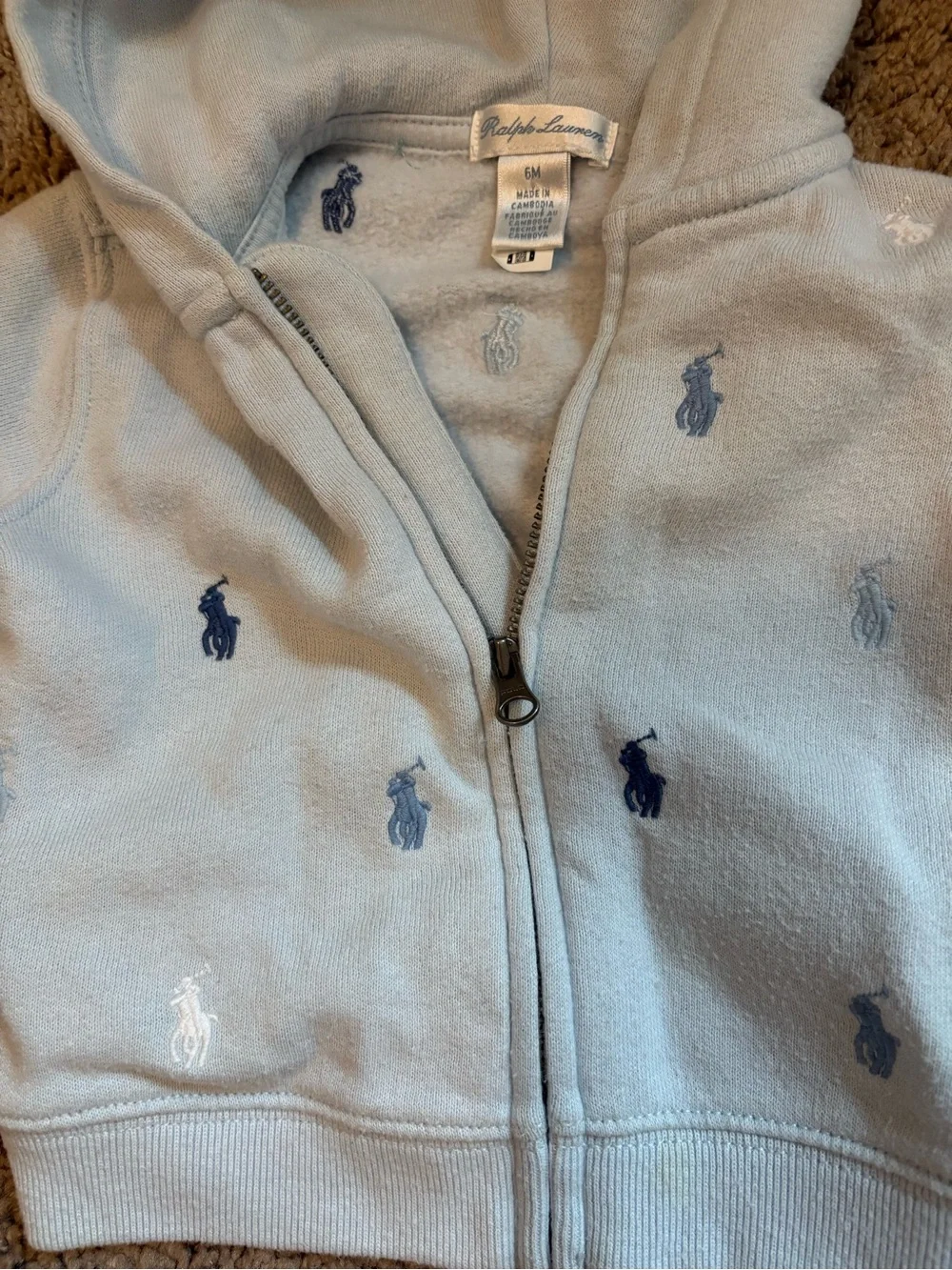 Ralph Lauren Pale Blue Hooded Zip Sweatshirt with Pony Embroidery